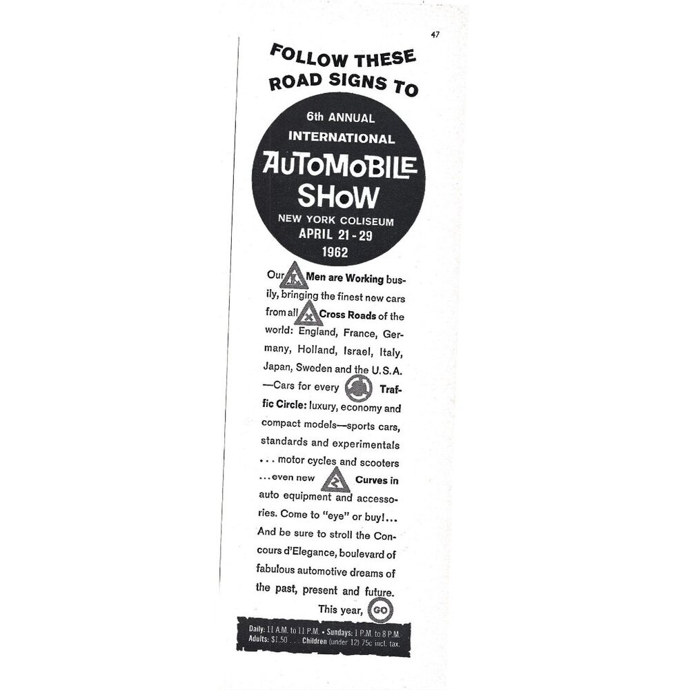 Follow these Signs to Automobile Show New York Coliseum 1960s Vintage Print Ad